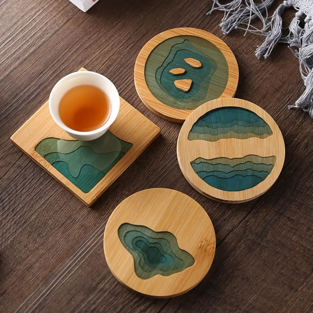 Epoxy Resin Transparent Bamboo Insulation Pad Landscape Coaster Cup Holder Mat Table Decoration Hot Drink Holder Mug Stand