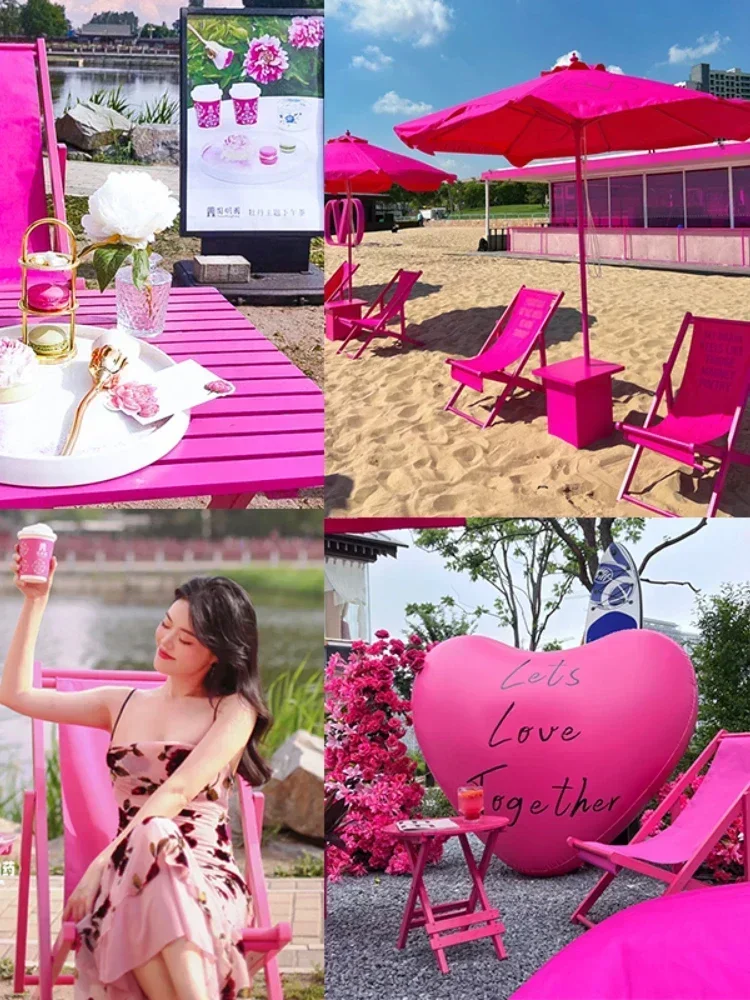 Rose Red Beach Chair Sunshade Instafamous Store Ornament Decoration Punch-in Dot Layout Pink Outdoor Photography Props