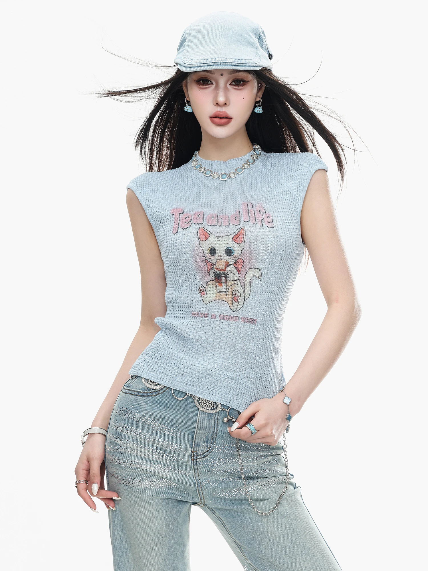 

ABWLR Sweetheart Print Spicy Girl Style Women's Knitted Vest Short Sleeveless Slim Fit Short Top Cartoon Design round Neck