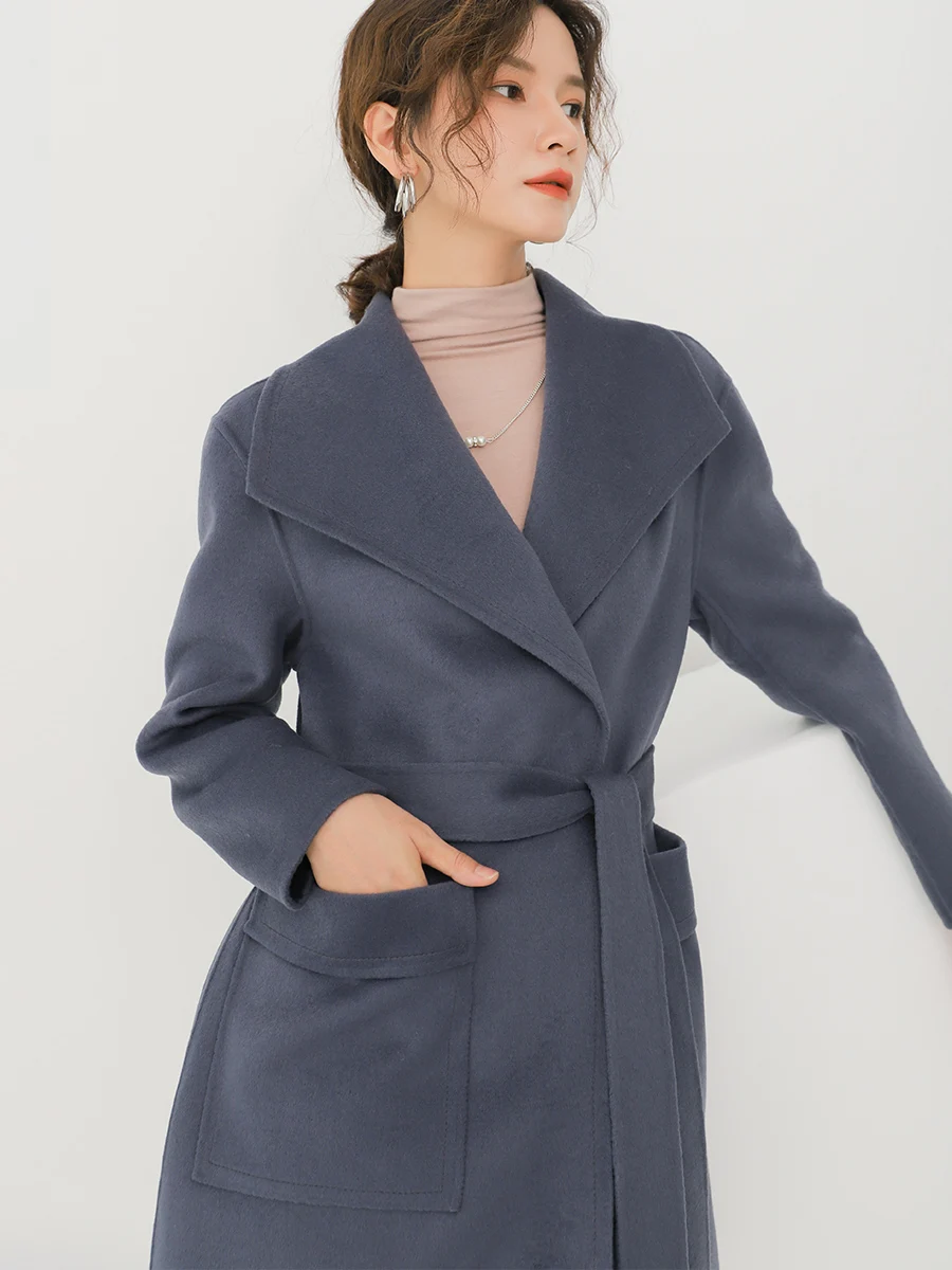 

High-End Camere Double-Faced Woolen Coat Women's Mid-Length Thiened Autumn Winter Waist-Cinching ort Size Outerwear