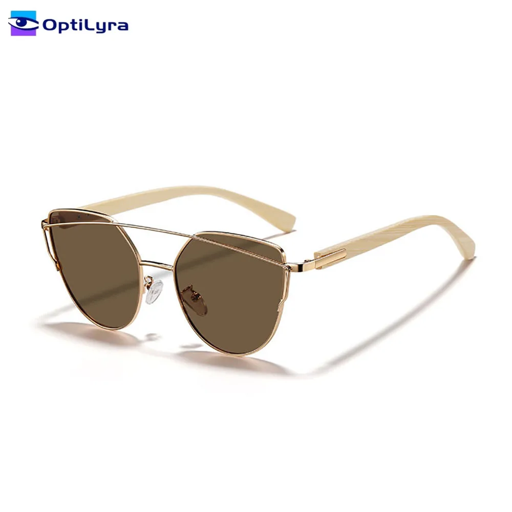 

OptiLyra Brand Fashion Large Frame Cat Eye Sunglasses With Metal Frames And Bamboo Wood Temples Women's Travel Sunglasses