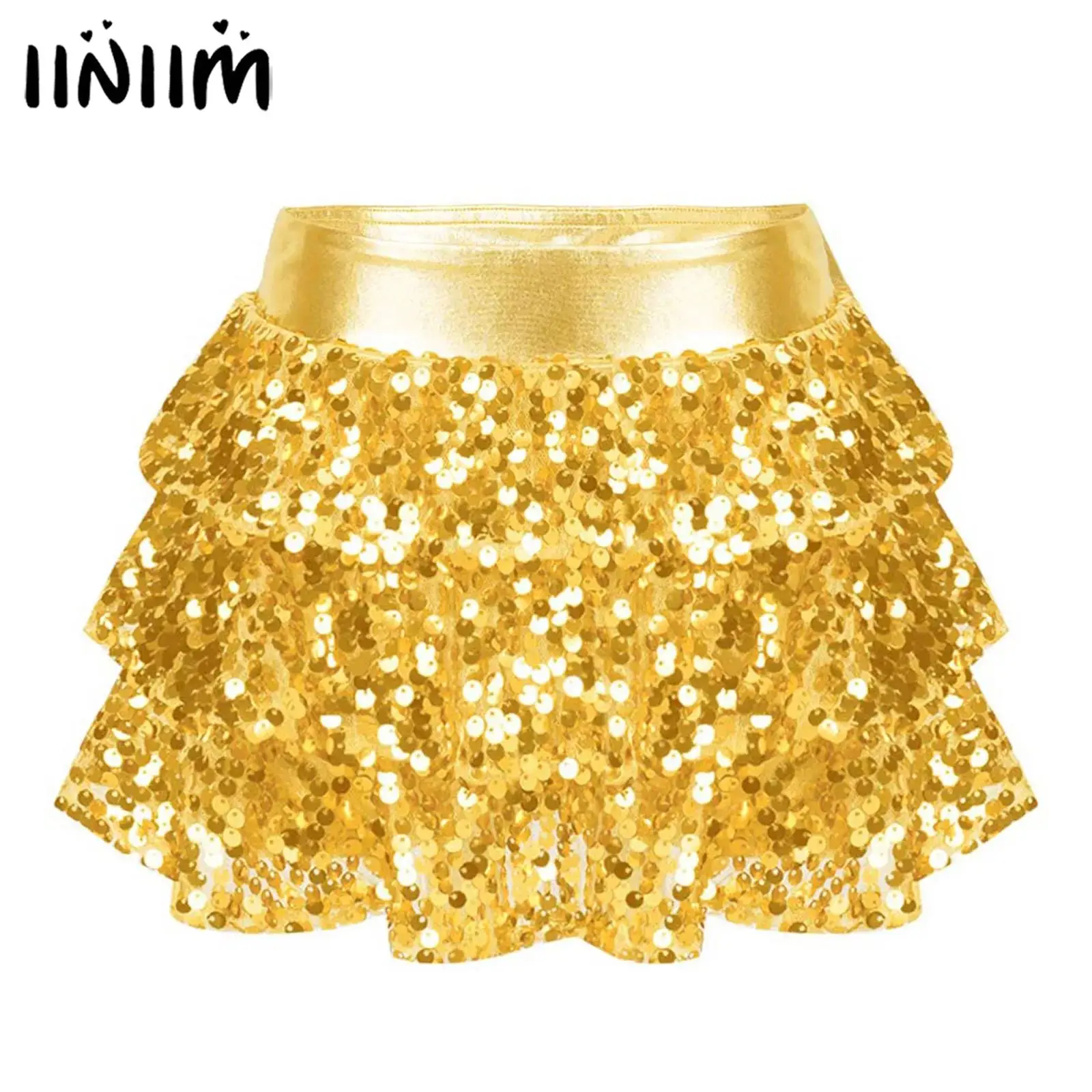 

Girls Shiny Sequins Tiered Ruffle Skirted Shorts Metallic Elastic Waistband Culottes Latin Dance Stage Performance Costume