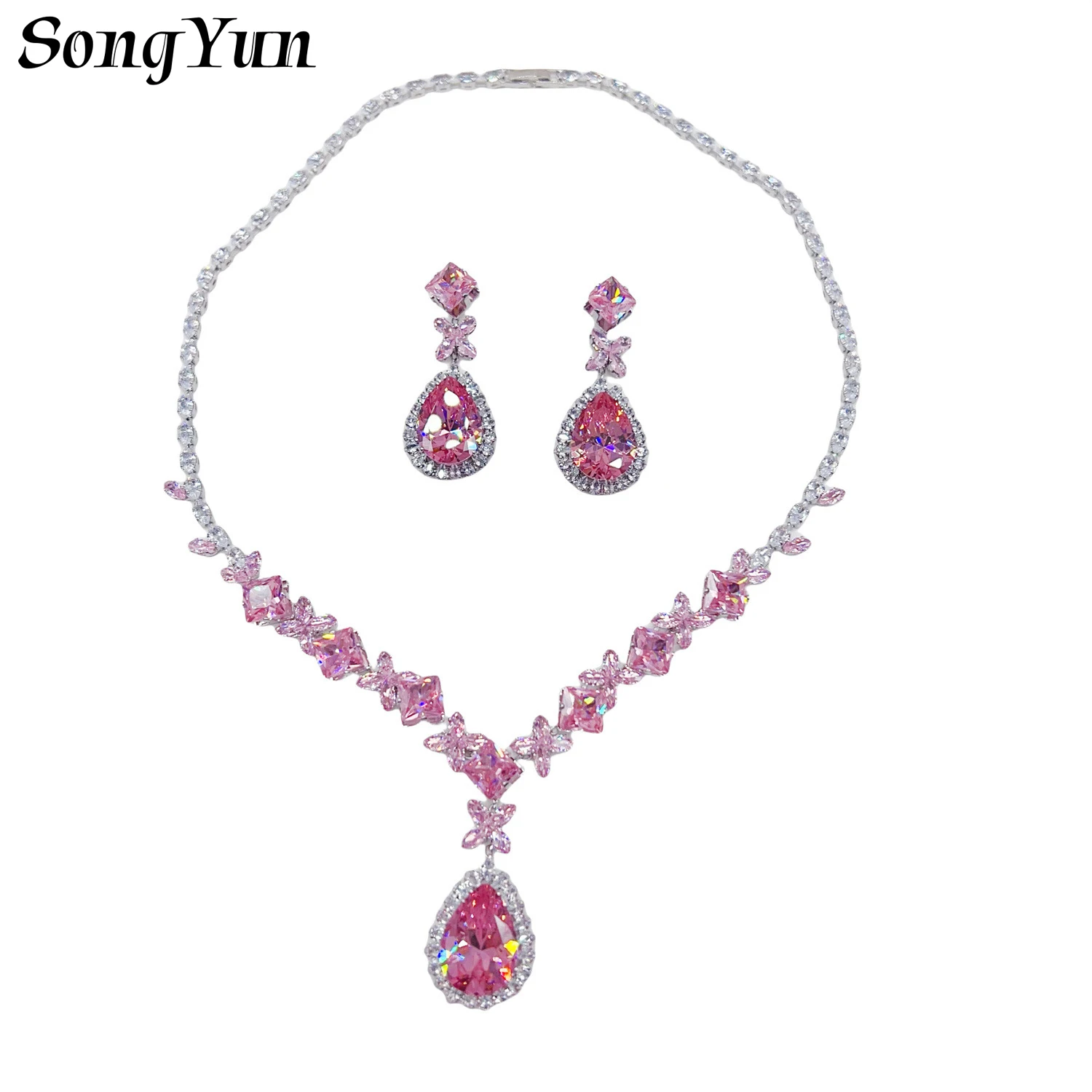 

Fashion Bridal Cubic Zircon Jewelry Set Women Pink Rhinestone Crystal Water Drop Pendant Luxury Wedding Necklaces Earrings Sets