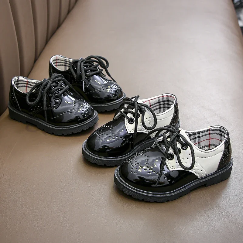 Boys Formal Shoes PU Leather British Design Kids Fashion Flats for Wedding Party Black for School Lace-up Soft Classic Non-slip