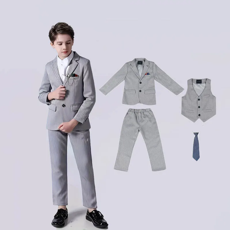 

Children Spring Autumn Stripe GARY 4Pieces/Set Jacket Vest Pants Tie Wedding Dress Boys Photograph Suit Kids Birthday Costume