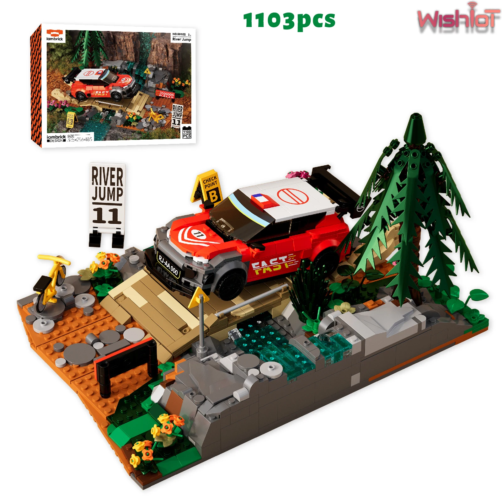 

1103 шт., строительные блоки для прыжков по реке, скоростной гоночный автомобиль с лесной рекой, модель MOC, гоночная сцена, сборка, игрушки, подарки для мальчиков