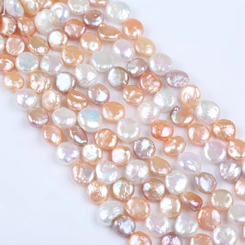 11-12mm Coin Shape Natural White Pink Purple Mixed Color Beads Freshwater Pearls 18cm short Strands
