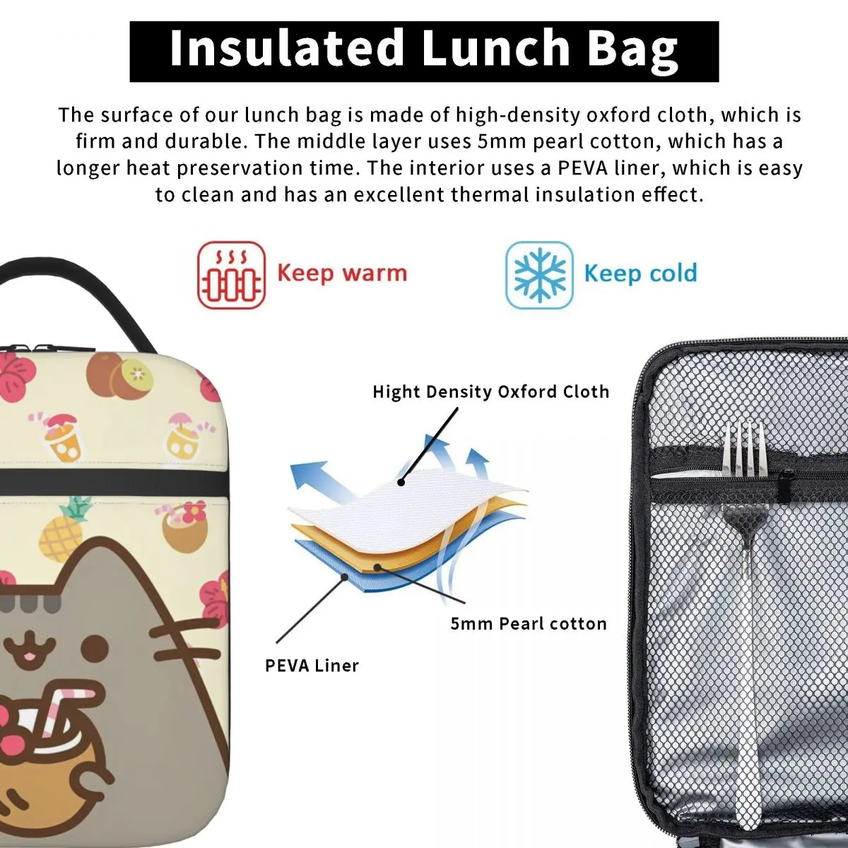 Pusheenns-fiambrera con aislamiento Kawaii, bolsa grande y bonita para guardar comida al aire libre