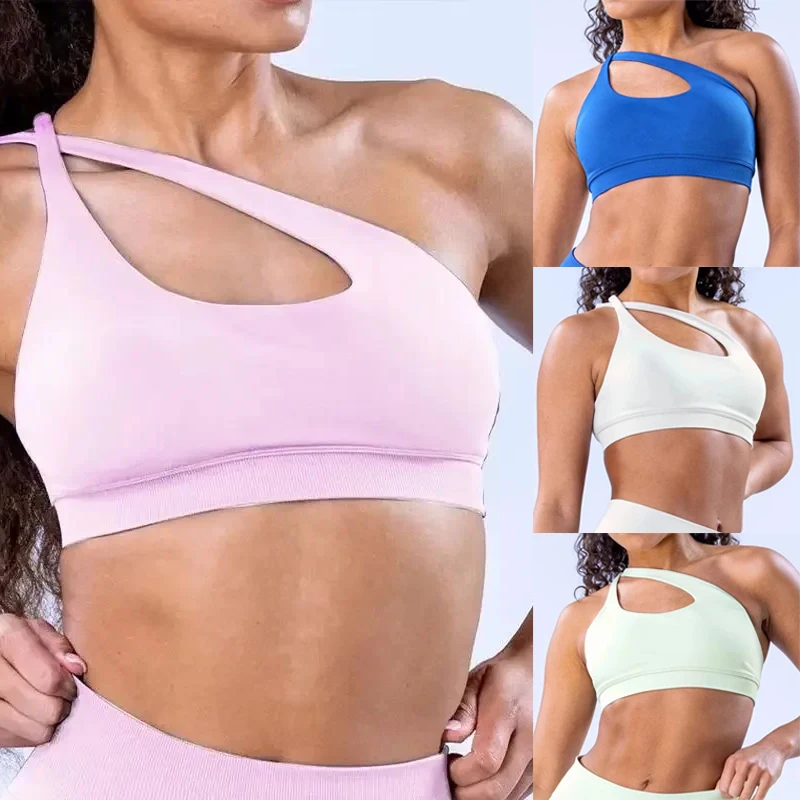

Women Asymmetric Sports Bra Crop Top Impact Seamless High Support Halter Backless Fitness Activewaer Open Back Workout Bralette