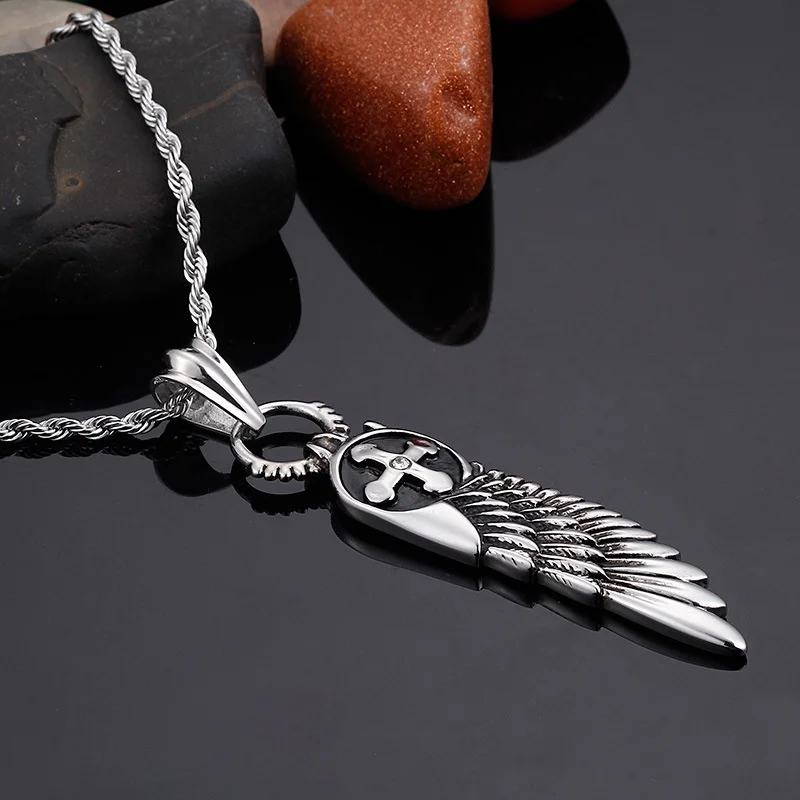 Fongten Men's Punk Style Stainless Steel Angel Wing Cross Pendant Necklace Dark Gothic Sweater Fashion Jewelry Halloween Gifts