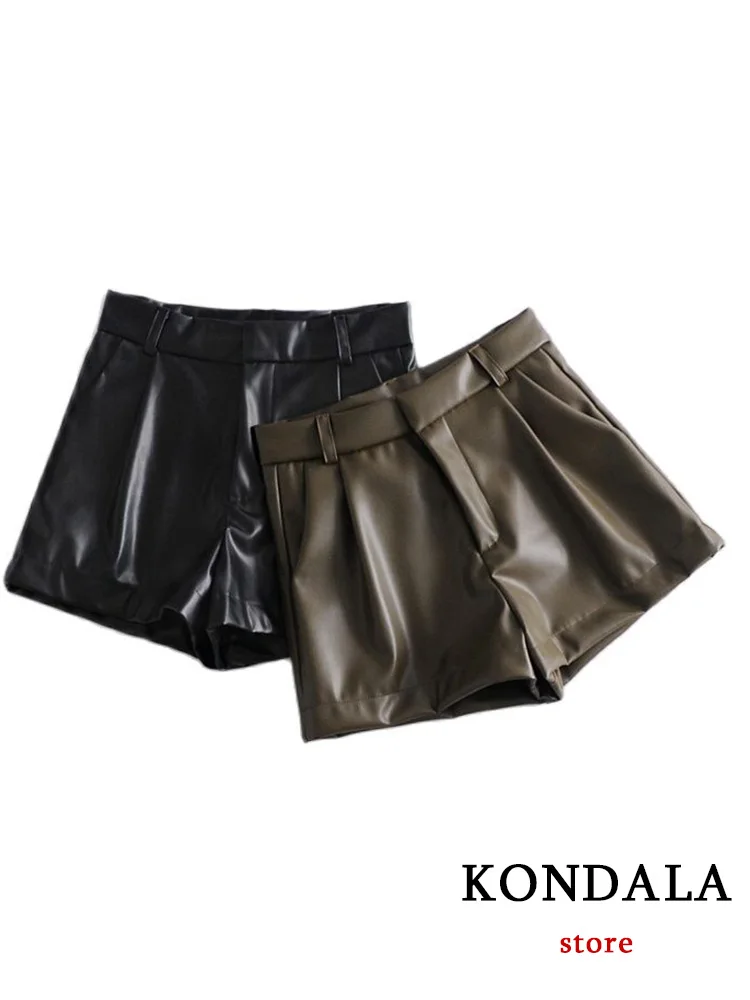 KONDALA 2023 Women\'s Shorts Vintage PU Leather Shorts High Waist Undefined Drapped Trousers  Female Office Wear Shorts