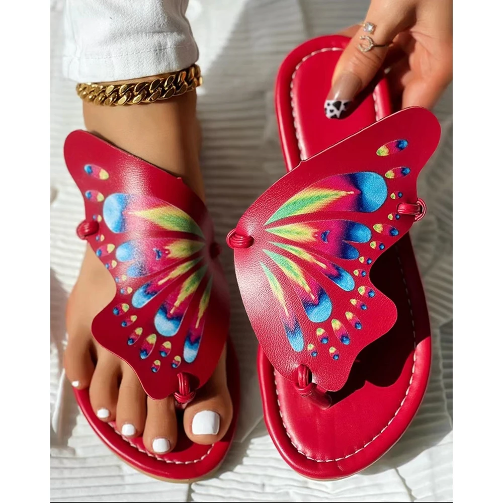 Women'S Colorblock Butterfly Print Beach Slippers Casual Design Outdoor Toe Post Sandals Shoes Going Out Summer Flip Flops