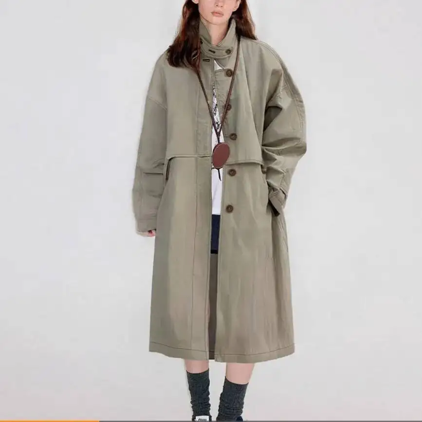 

Натуральное серо-зеленое свободное женское длинное хлопковое пальто с градиентом, осенний сезон, модный повседневный стиль, многофункциональный дизайн с пряжкой