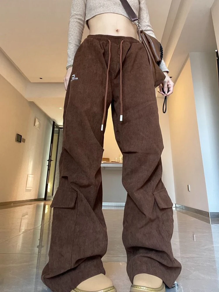 Pantaloni di velluto a coste con lettera vintage Pantaloni a gamba larga Hip Hop a vita alta da donna Pantaloni femminili larghi Harajuku autunnali retrò americani