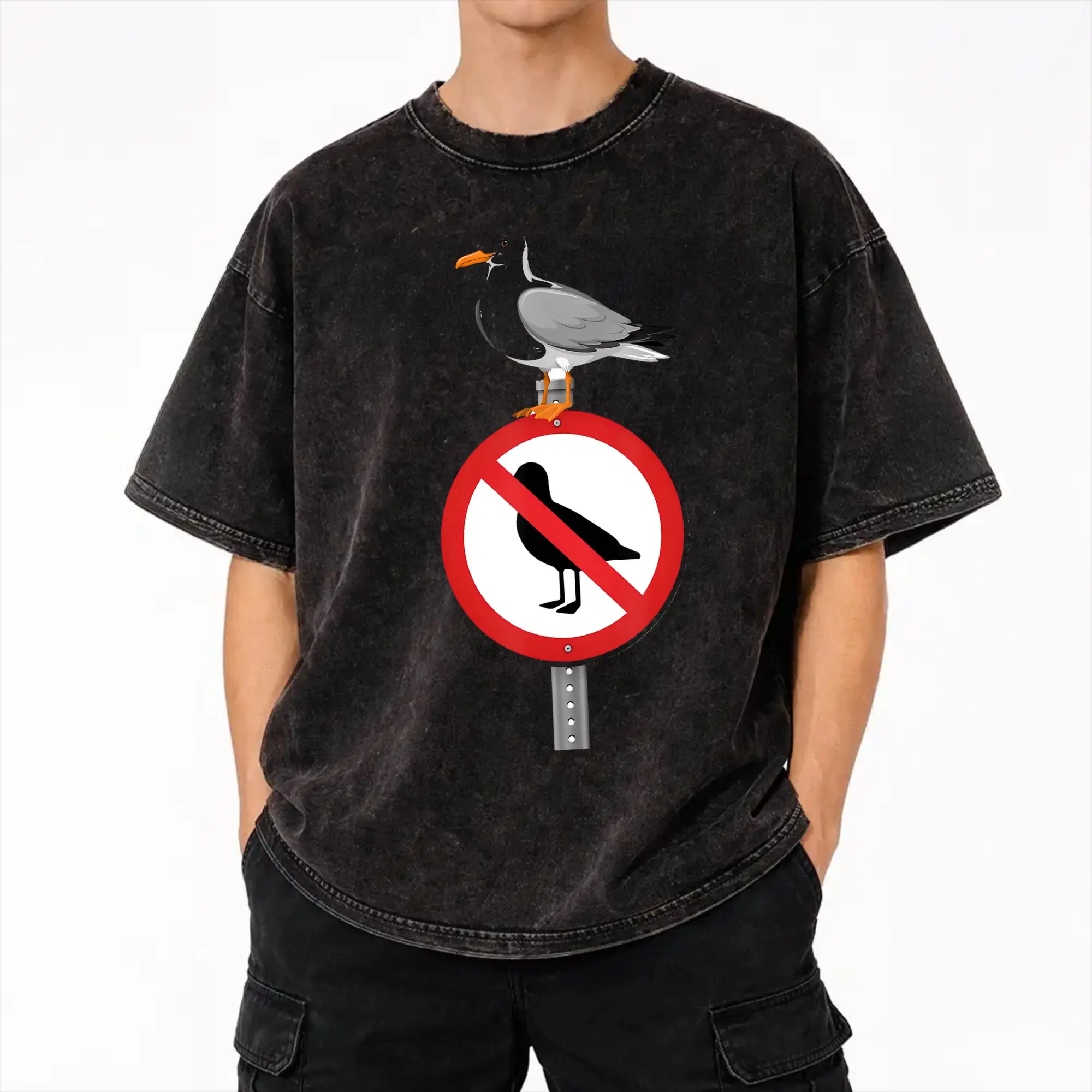 No Seagulls Allowed Sign Funny Beach Humor  T Shirt Hip Hop Washed Cotton Street T-Shirts  Cool for Men Women Streetwear