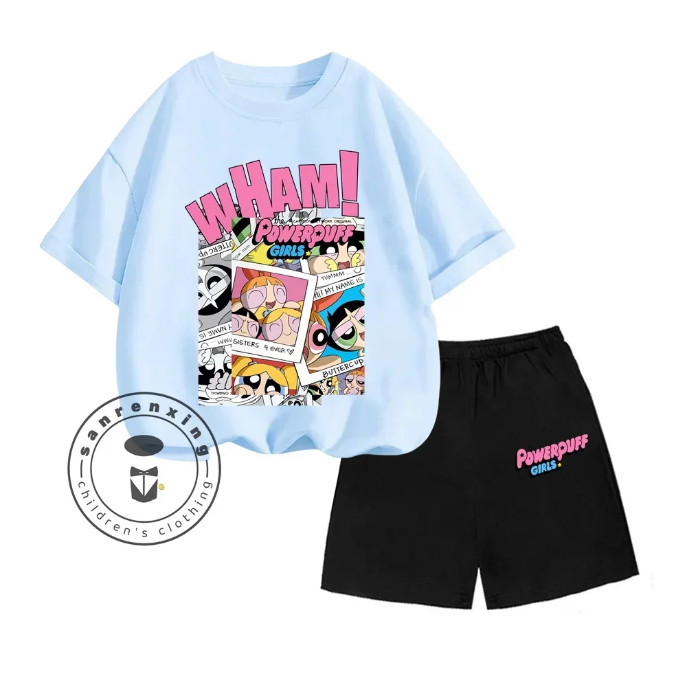 2025 3-13 Years Old Powerpuff Girls Cartoon Printed Set Summer Absorb Sweat Print Design T-shirt T-shirt+loose Edition Shorts