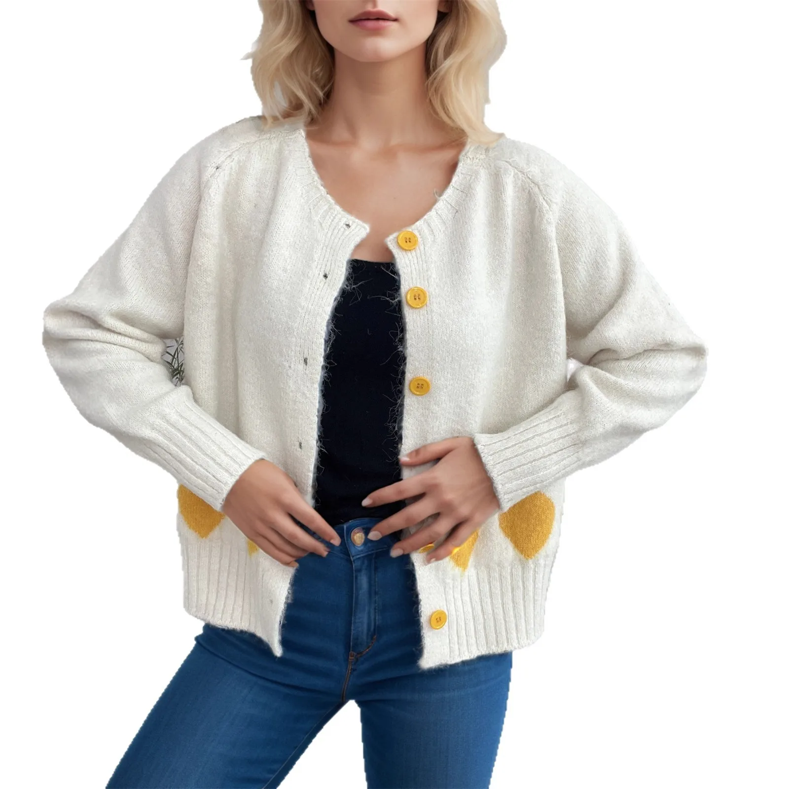 2025 가을 겨울 달콤한 신상 오렌지 니트 스웨터 라운드 넥 버튼 캐주얼 여성 가디건