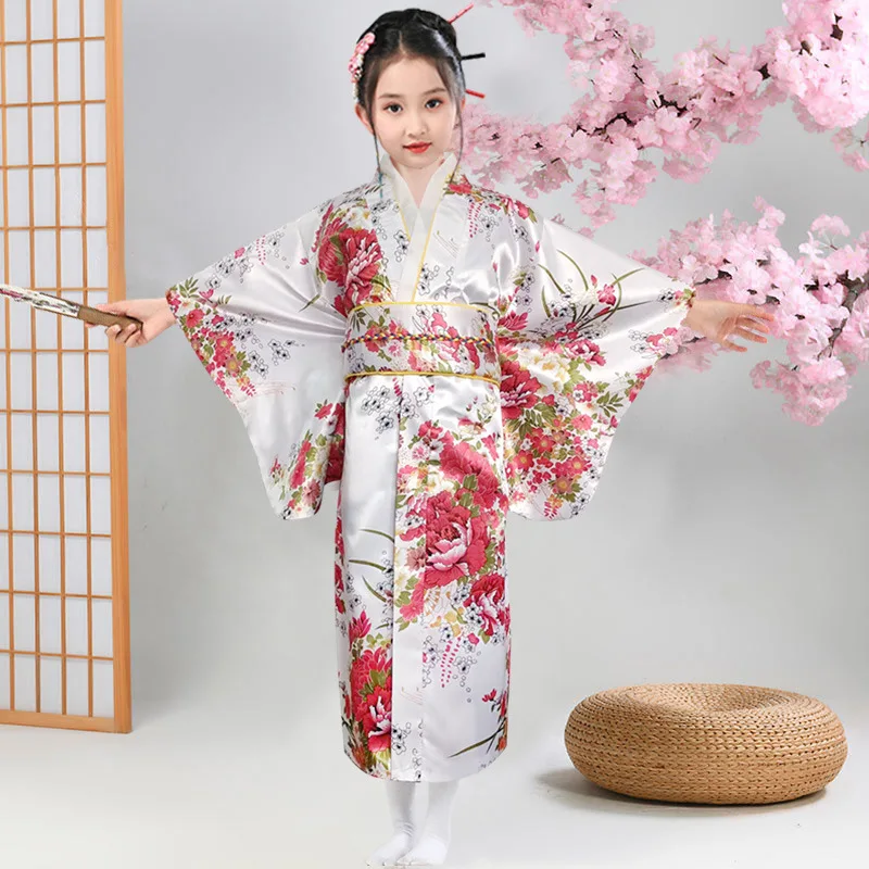 

Asian Children's Epiphyllum Kimono Printed Japanese Bathrobe Girl Temperament Bow Princess Skirt Performance Dress Kimono