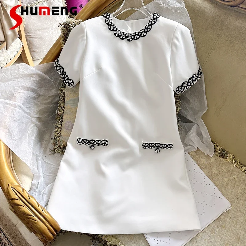 

2024 Summer New Simple High Sense Heavy Industry Diamond Drills Temperament Short Vestidos Socialite Style Short Sleeves Dress