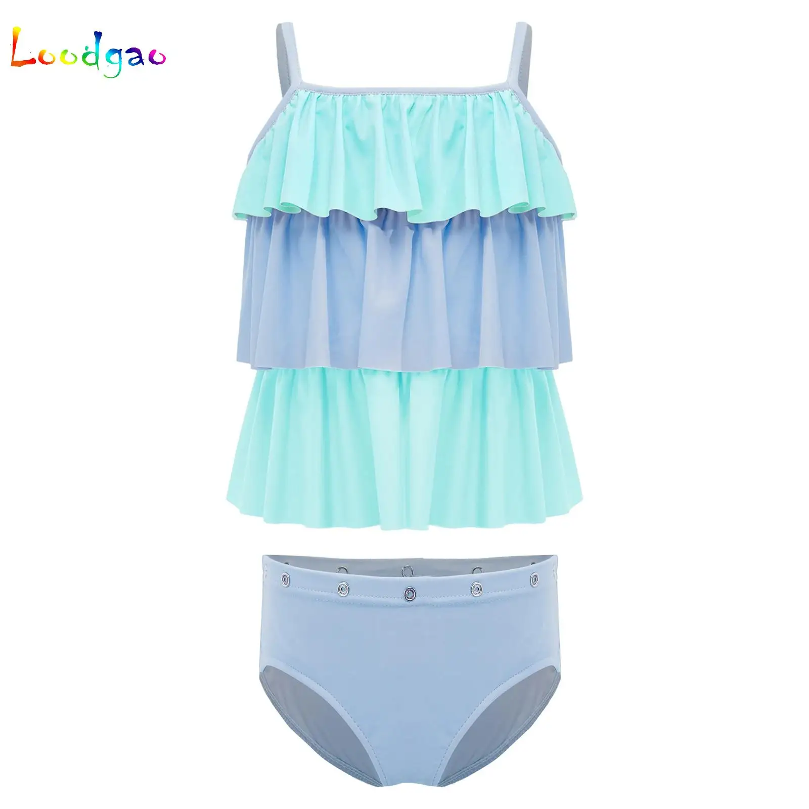 

Summer Adaptive Swimwear Swimming Bathing Suit Kids Girls Swimsuit Tiered Ruffled Spaghetti Straps Top+Press Button Waist Briefs