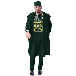 stock size African Men Dashiki Clothes Shirt Pants Suit Ankara Embroidery Long Sleeve Tops Trouser with Hat 4 PCS WYN1884