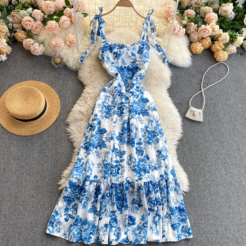 

Summer Women's Dress Korean Holiday Style Print Square Neck Suspender Dress New Casual Slim and Big Swing Dresses HH082