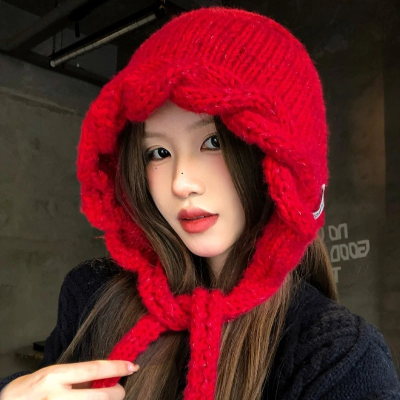 2026 New Braided Knitted Bomber Hats Autumn and Winter Warm Ear Protection Large Head Pullover Ski Beanie Cap for Women's Caps