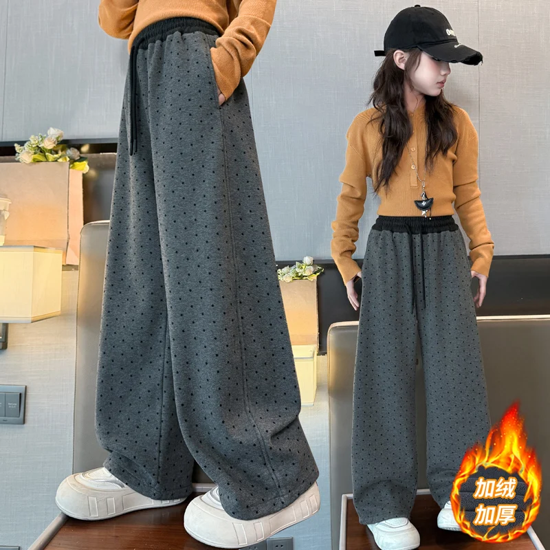 

Casual Fashion Loose Polka Dot Drawstring Basic Straight Pant Y2k Girl Loose Daily Holiday Insulated Pants Trousers 4-14Year Old