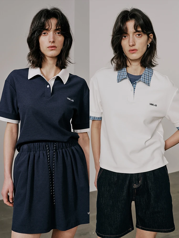 

Женская повседневная свободная футболка UMILAB Island Texture из шелкового хлопка с коротким рукавом T76W, дышащая, освежающая, с цветовыми блоками