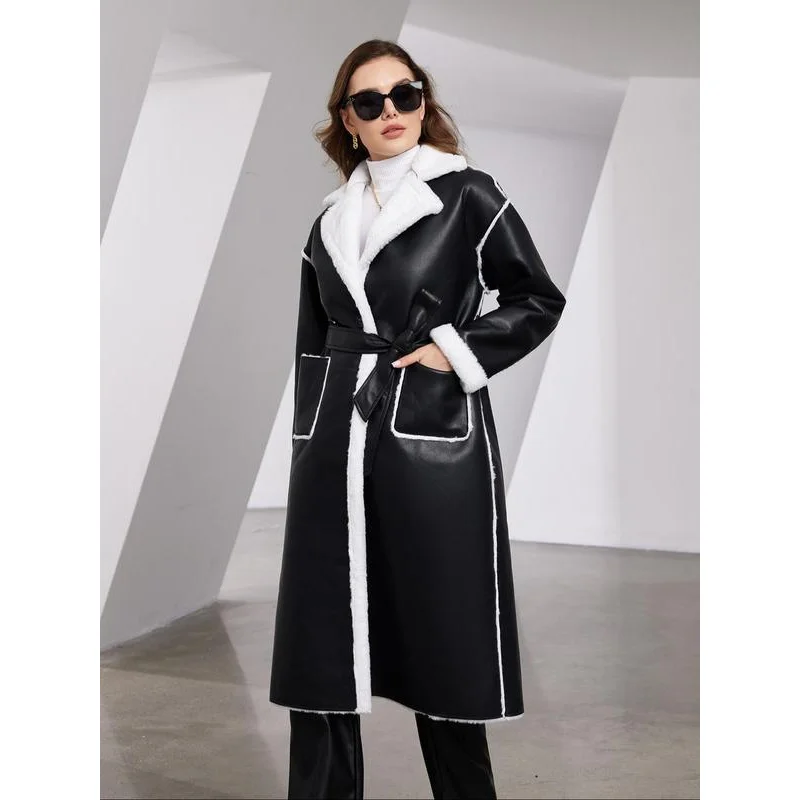 Women's solid color waist belt off shoulder imitation fur leather jacket, autumn and winter casual long sleeved lapel coat,