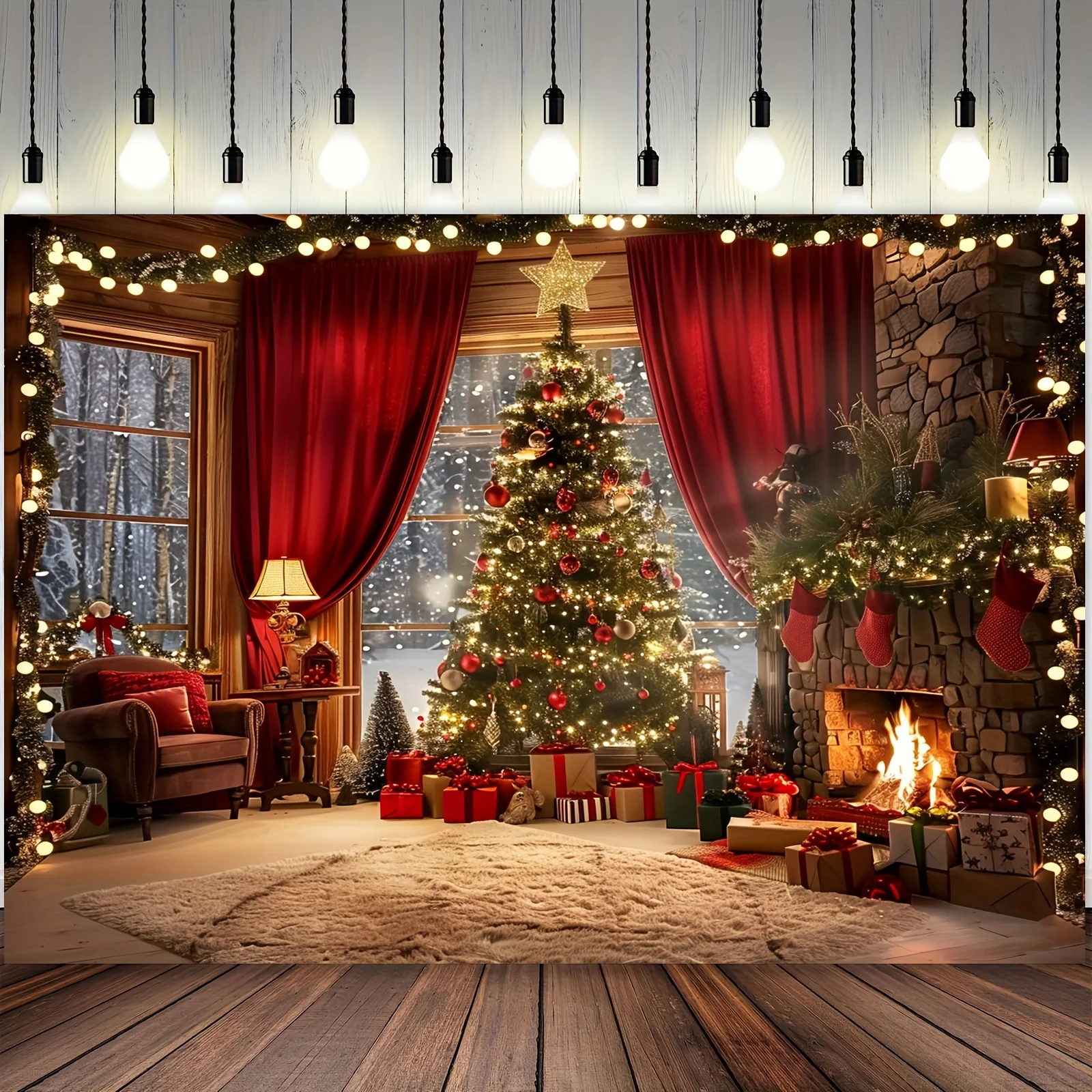 

Holiday Christmas tree and fireplace polyester backcloth for holiday photography and party decorations - multifunctional banners