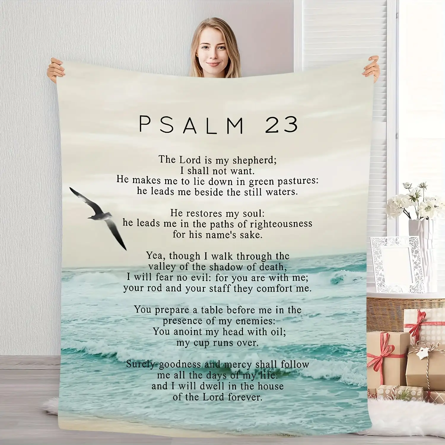 Bible Blanket Soft Warm Psalm 23 Bible Verse Flannel Throw Blanket Vibrant Ocean Design Perfect for Reading Camping