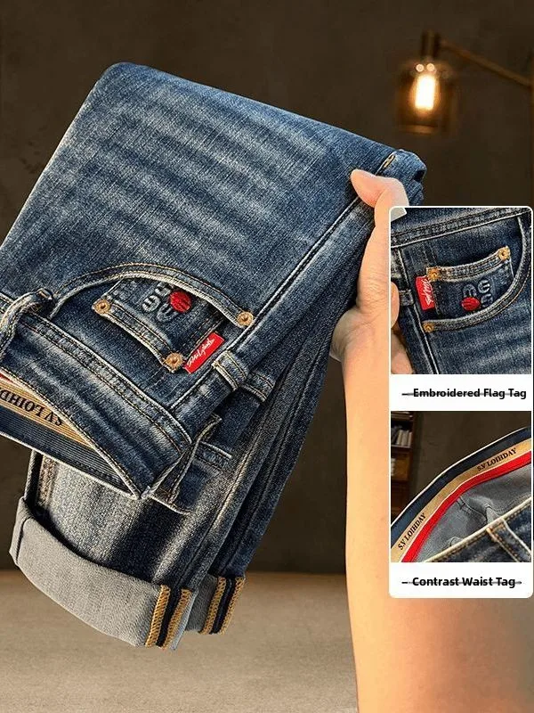 

Винтажные облегающие мужские джинсы, повседневные эластичные корейские длинные брюки высокого класса, повседневные длинные брюки с вышивкой, выцветшие модные брюки