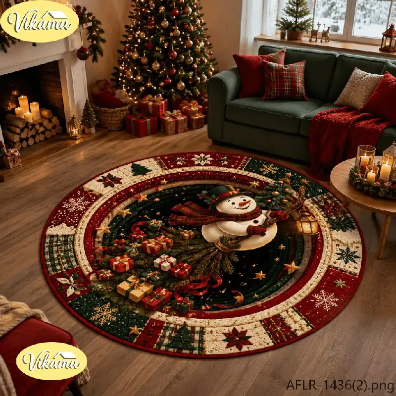 VIKAMA Christmas Round Rug Snowman Plaid Scarf Lantern Gifts Area Rug Living Room Holiday Home Decor Aesthetic Art Large Premium