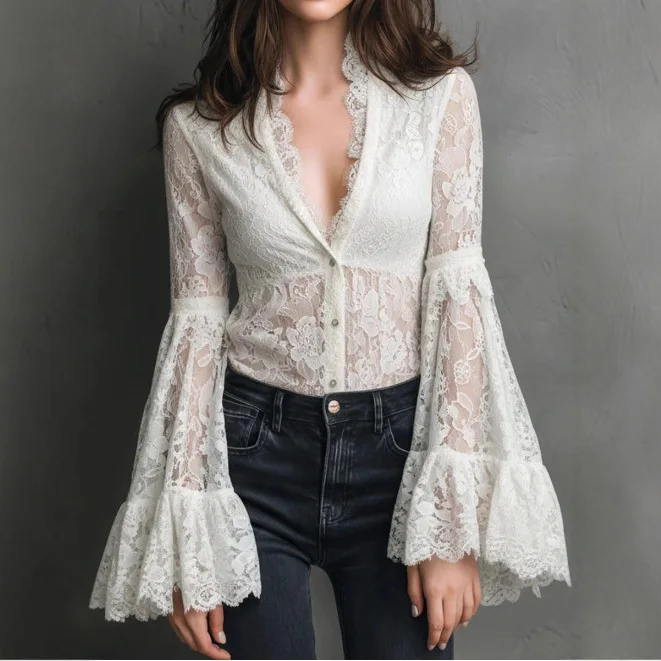 

Женская романтическая винтажная блузка Ele Ivory Lace Bell Sleeve с V-образным вырезом и длинными рукавами, ажурная, с вырезами