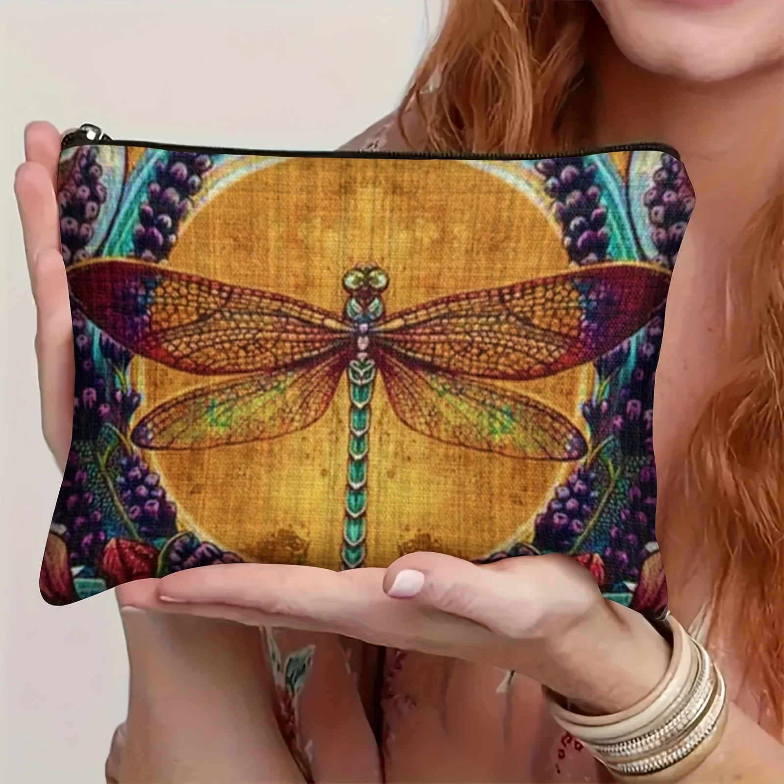 Un sac de maquillage rétro bohème libellule – Jolie pochette multifonctionnelle à fermeture éclair pour femmes, sac de rangement de bijoux