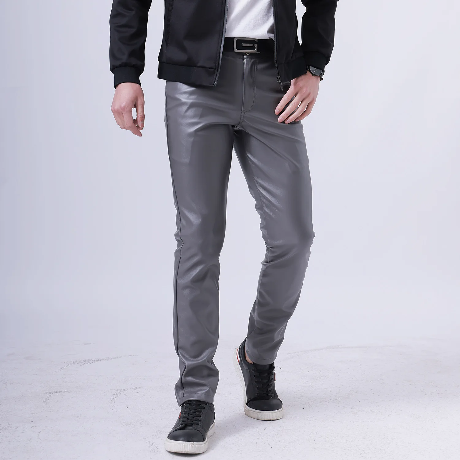 2026 Men's Blue Stretch PU Trousers, Stylish Slim-fit Faux Leather Pants, Asian Sizes 28–40, Available in Red,Khaki,White,Black.