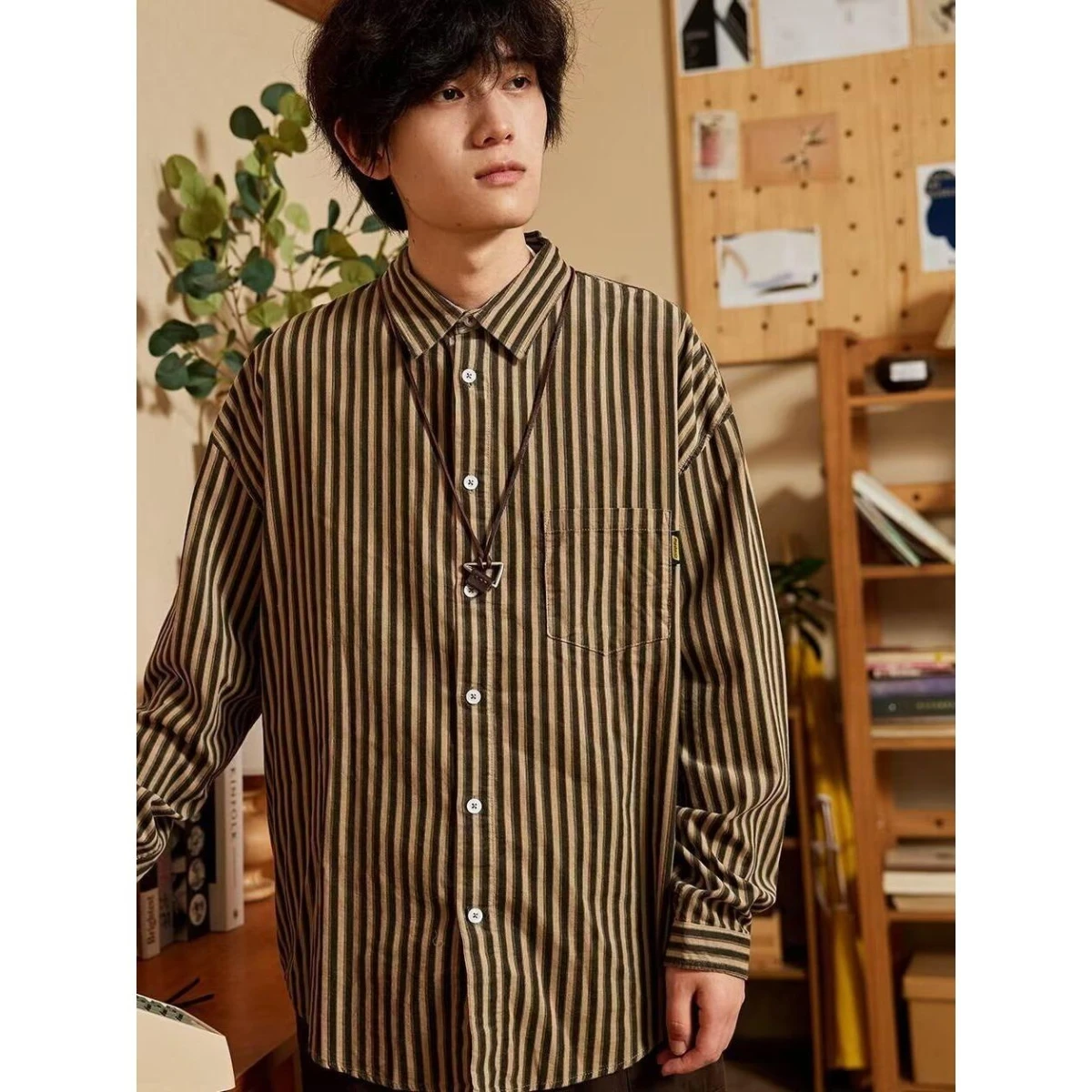 

Versatile Simple Stripe Long Sleeve Shirt Harajuku Trendy Fashionable Youth Spring Casual Button up Male Female Universal