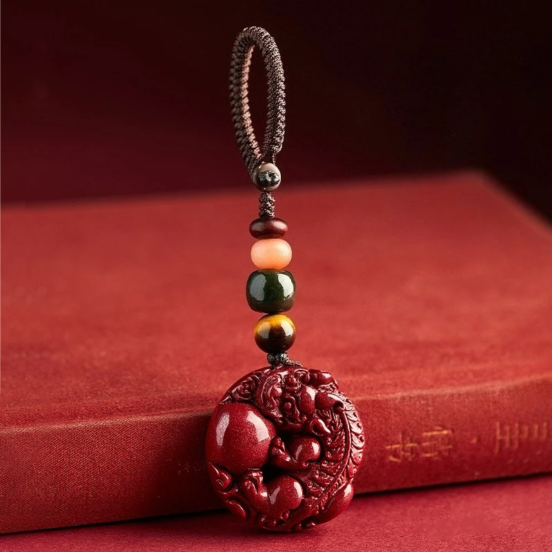 Cinnabar Pixiu Peace Buckle Car Keychain Chinese Style Car Pendant with Tiger Eye Luck Beads for Men and Women Gifts