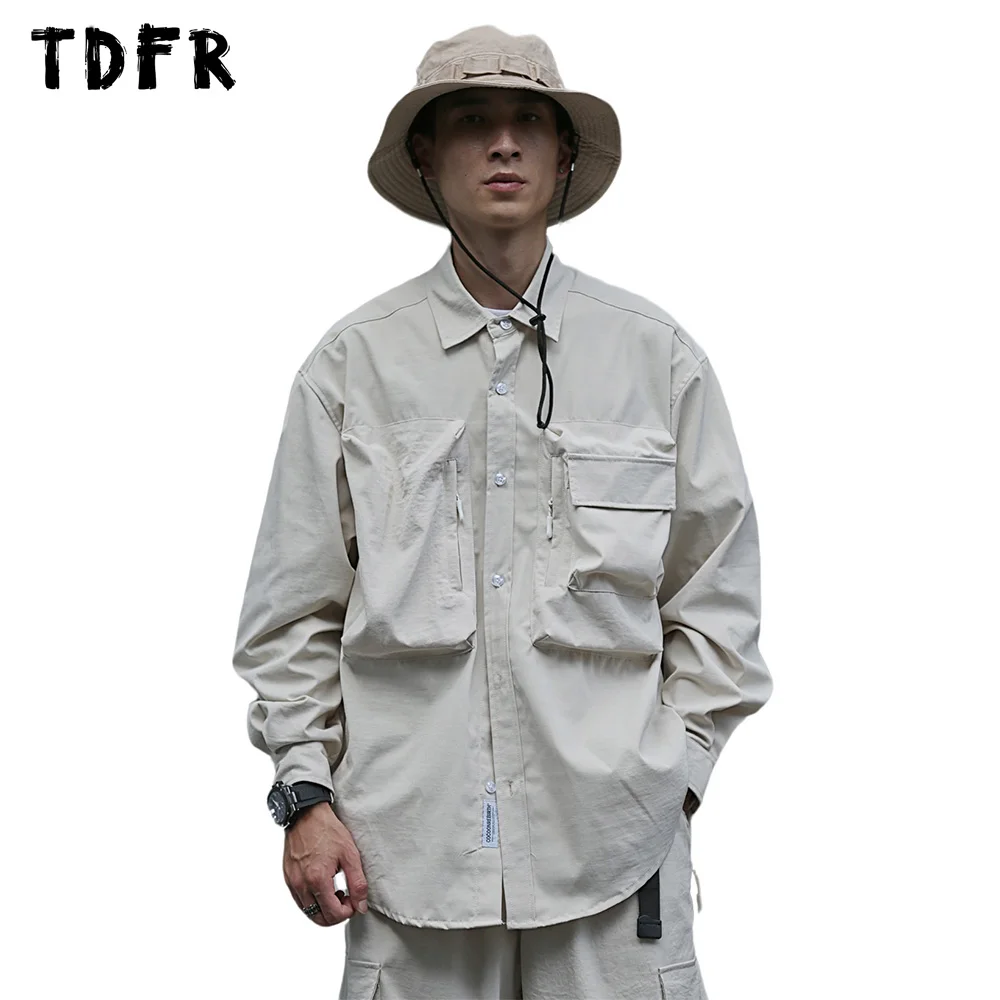 Pocket Cargo Shirts Mens Autumn Casual Solid Color Safari Style Curved Hem Loose Lapel Single Breasted Long Sleeve Shirts Men