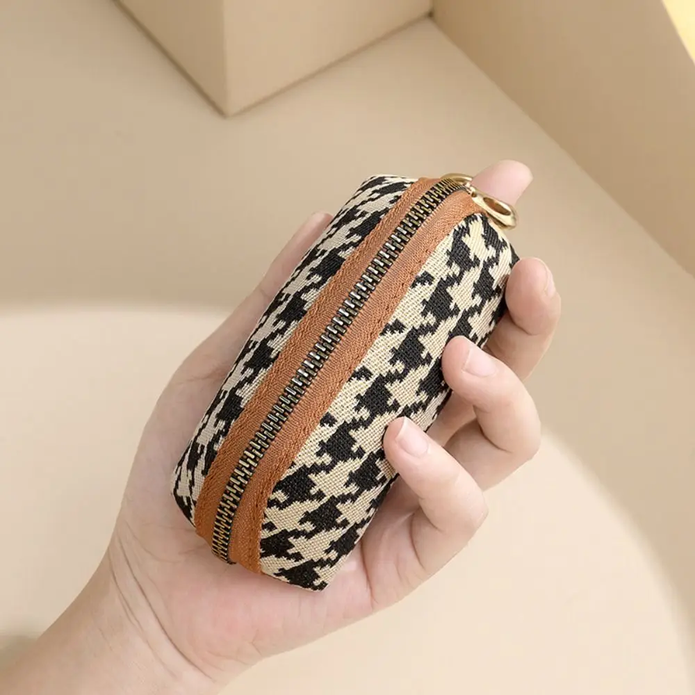 Simple Pu Leather Long Style Wallet Car Key Bag Printing Houndstooth Zipper Purse Ultrathin Canvas Square Change Purse Outdoor