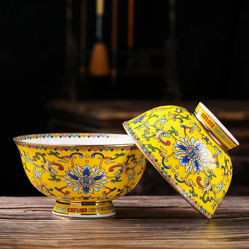 Classical Gold Stroke Enamel Ceramic Bowl Chinese Vintage Palace Tall Large Bone China Ramen Bowls Paint Tangle Flower Tableware