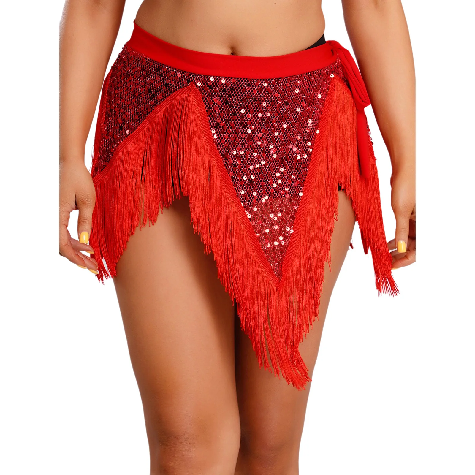 

Women Belly Dance Hip Scarf Glitter Sequin Skirts Fish Net Mesh Irregular Hem Swing Tassel Trim Lace-up Waist Wrap Dancewear