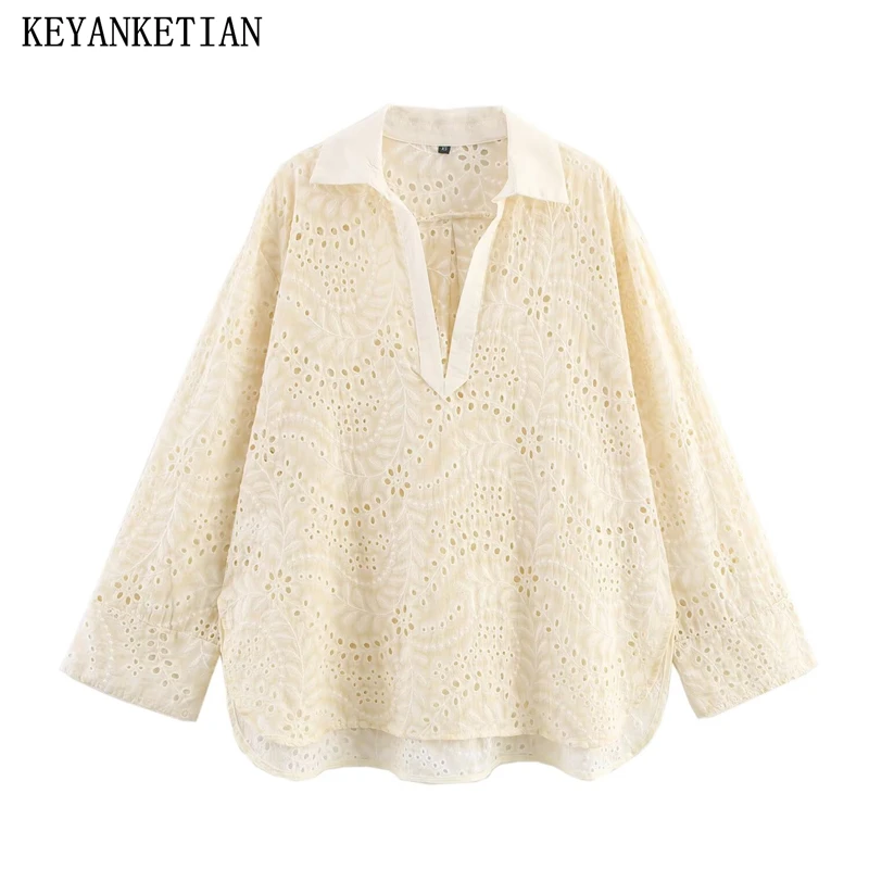 

KEYANKETIAN, новая летняя женская одежда, свободная рубашка с вышивкой и v-образным вырезом, длинными рукавами и боковым разрезом, женский пуловер, топ