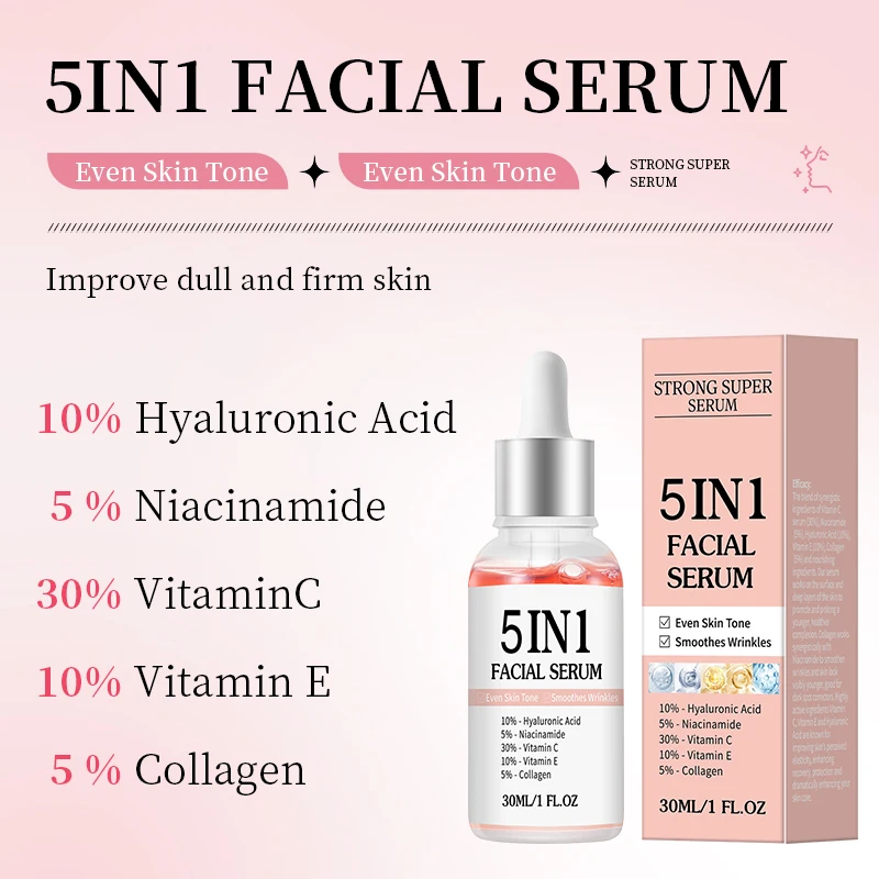 

Сыворотка для лица MOIKA 5 в 1: разглаживание морщин, укрепление кожи, увлажнение, осветление, с витамином С и гиалуроновой кислотой, сужение пор, уход за кожей.