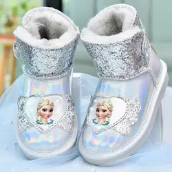 Disney Girls' Snow Boots Genuine Leather Waterproof Snow Cotton Winter Plush Children's Shoes Boots Princess Elsa Large Cotton