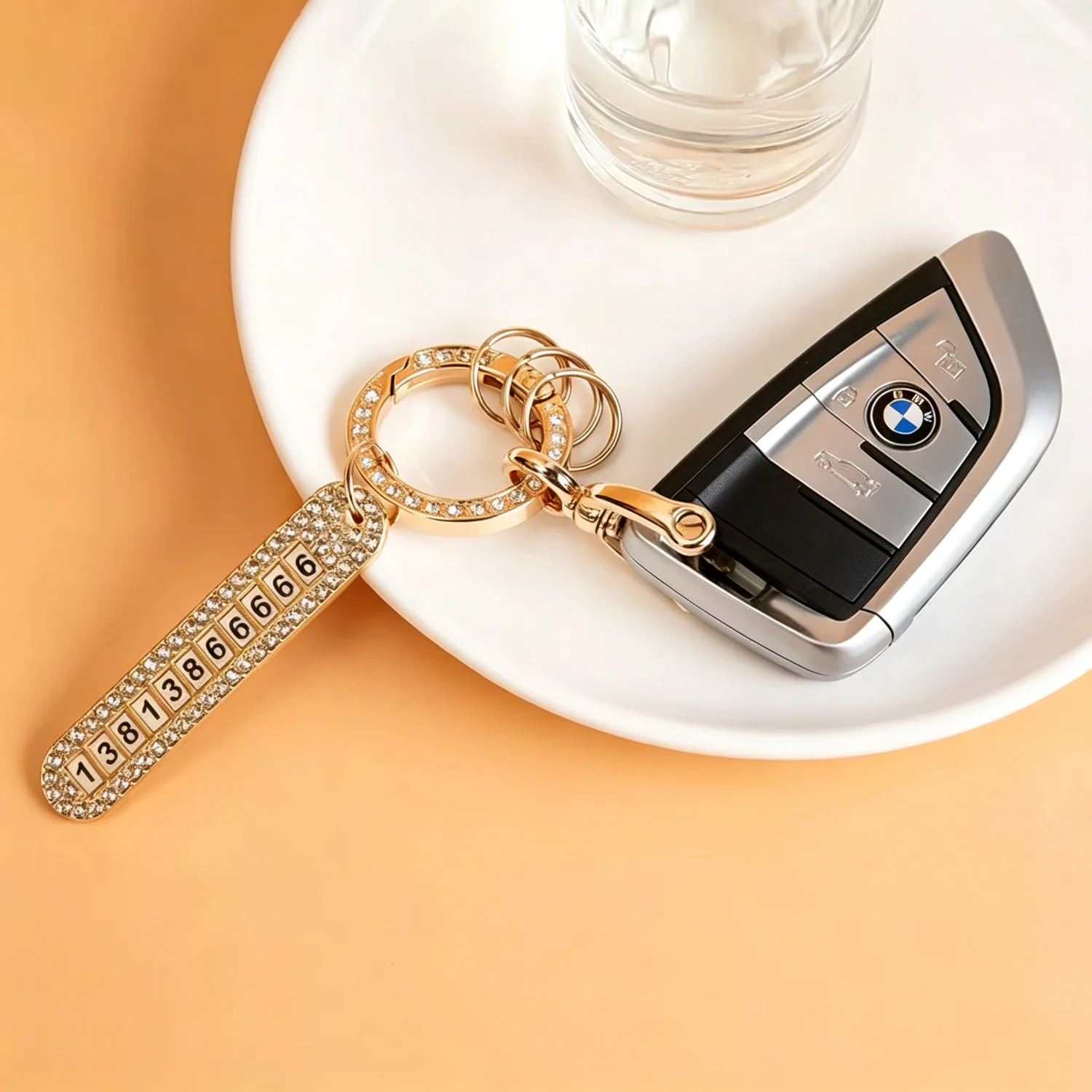 Rhinestone Car Keychain Bling Crystal Key Ring Gold Silver Detachable Clasp Anti-Lost Number Plate Lady Auto Key Fob Holder Gift