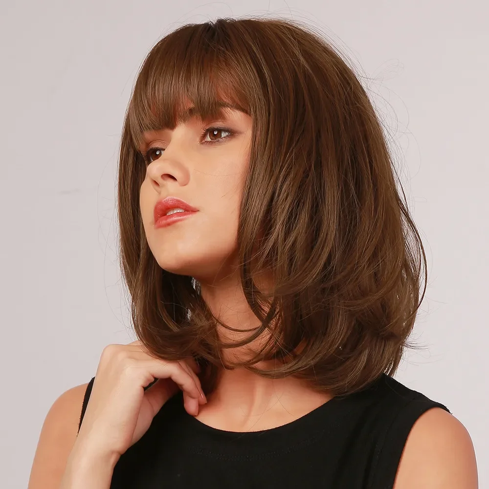 LOUIS FERRE Short Straight Brown Bob Wigs for Women Shoulder Length Synthetic Wigs With Bangs Daily Use Heat Resistant Hair Wigs