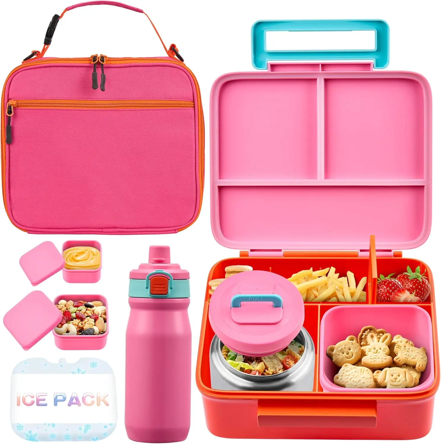 

Bento Lunch Box for Kids with Thermos, Leakproof Bento Box with 8oz Insulated Food Jar, Insulated Bottle, Lunch Bag, BPA Free Di