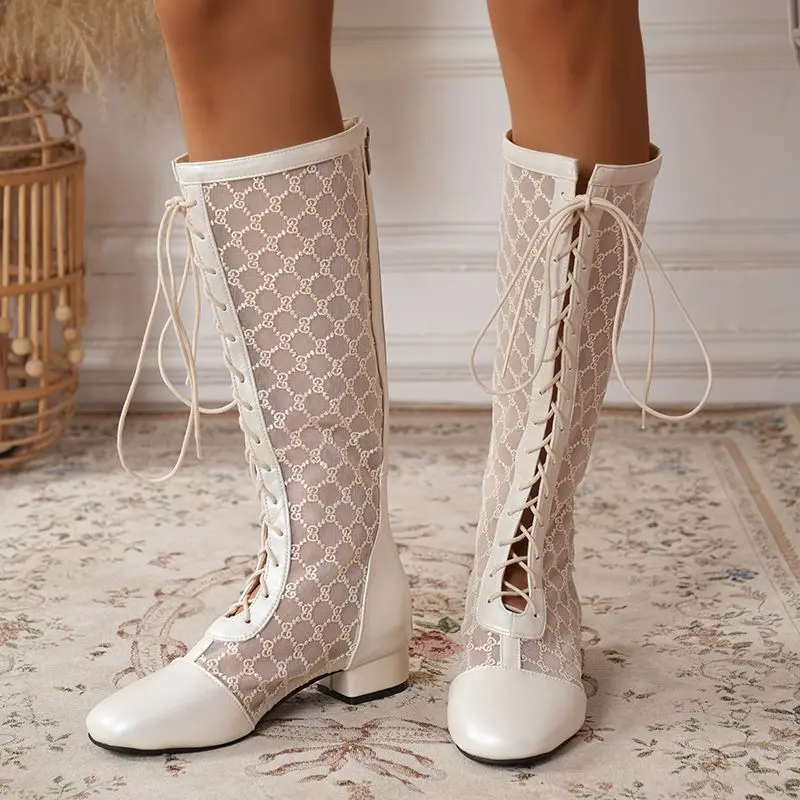 

REAVE CAT 2026 Women Summer Knee High Bota Square Toe 3cm Casual Low Heels Zipper Lace Up Breathable Mesh Cutout Plus Size 45 46